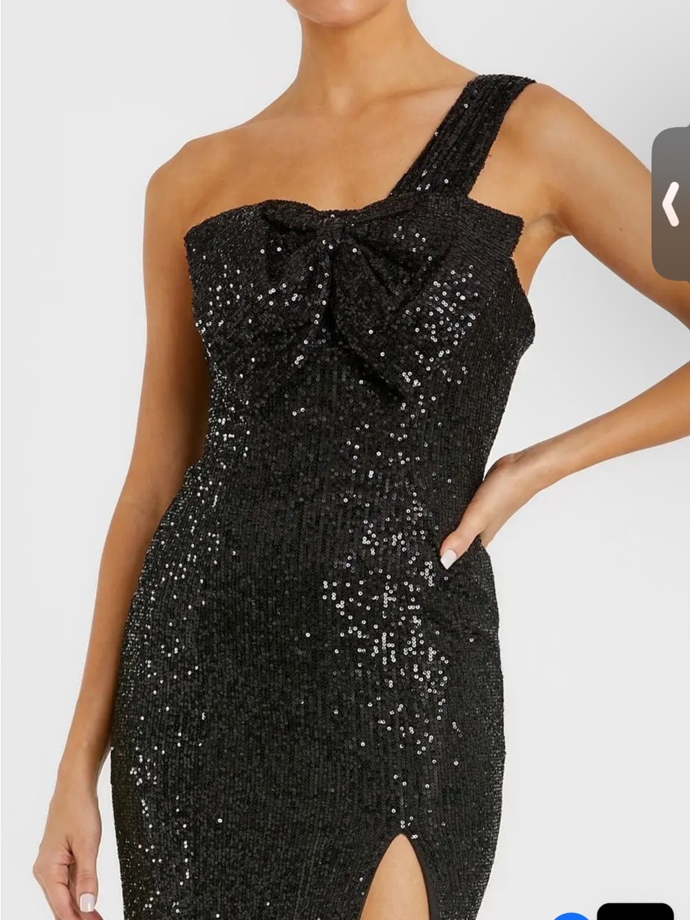 Mac Duggal Black Sequin One-Shoulder Bow Midi Dress